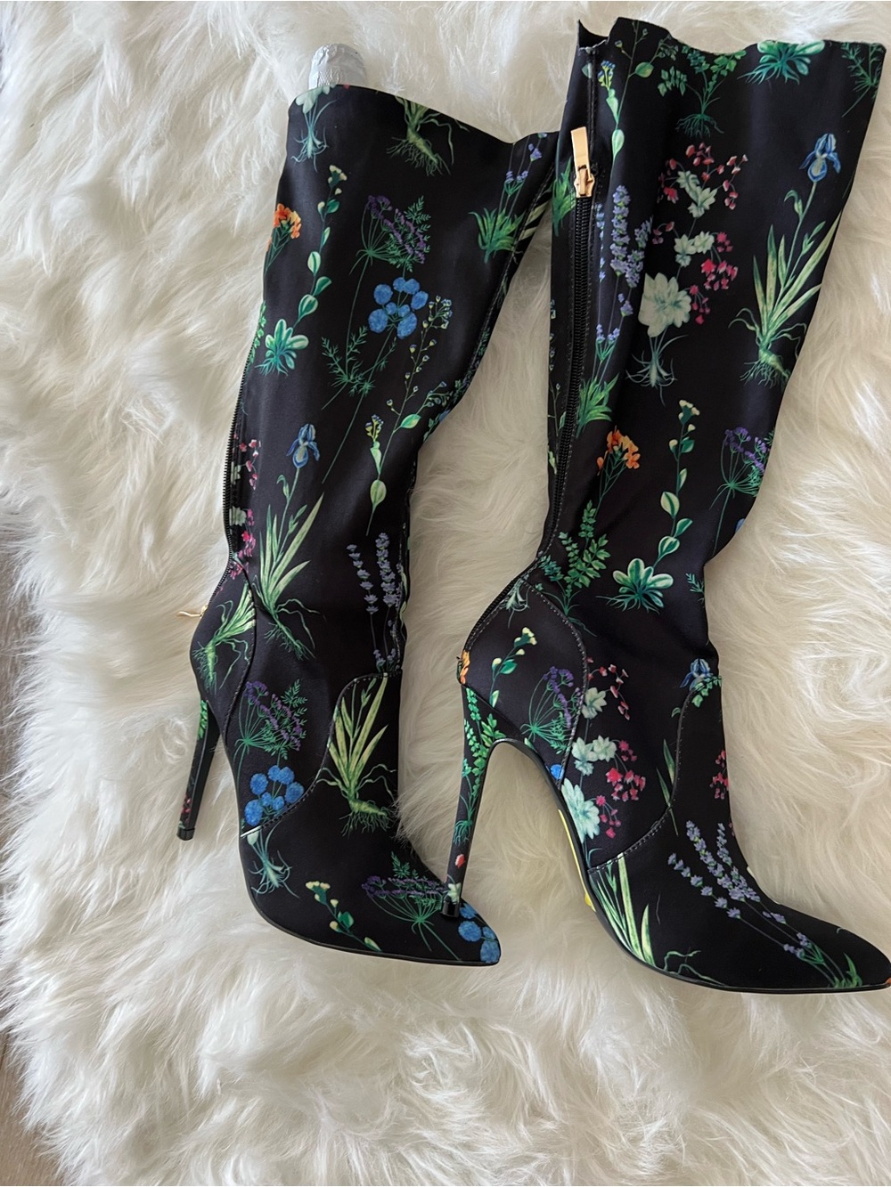 Floral Print Black Knee-High Stiletto Boots